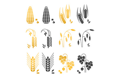 Black and gold cereal grains vector icons. rice, wheat, corn, rye, bar