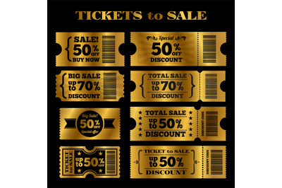 Golden sale tickets vector set. Vector tickets to sale