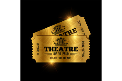 Vintage theatre tickets vector template. Vector golden tickets isolate