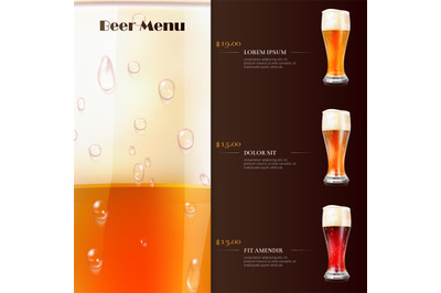 Beer menu flyer template with realistic glasses of beer