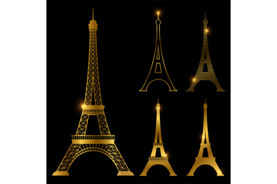 Different golden eiffel tower vector landmark set. Paris symbol icons