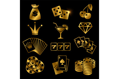 Golden gambling, poker card game, casino, luck vector icons isolated o