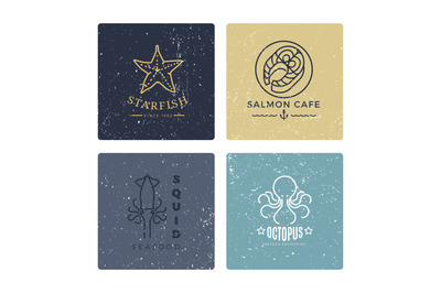 Grunge seafood labels line style collection