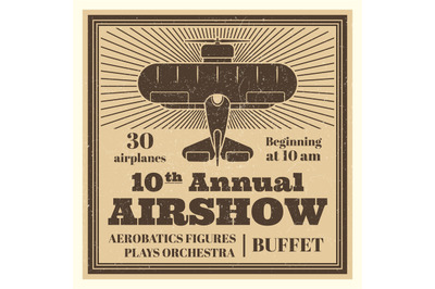 Vintage airshow poster label with airplane