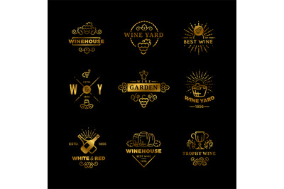 Vector wine logos and emblems isolated on black background