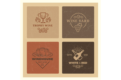 Grunge wine logos. Vintage hipster wine vector emblems