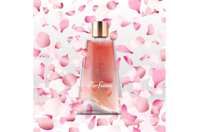 Realistic perfume bottle and flying pink petals background