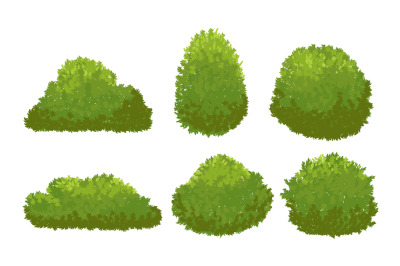 Garden green bushes. Cartoon shrub and bush vector set isolated on whi