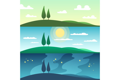 Beautiful summer landscape in different times of day. Cartoon vector i