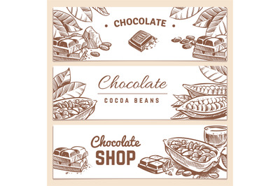 Cocoa beans, chocolate product horizontal vector banners set