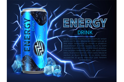 Energy drink can surrounded of electrical discharges and sparks on dar