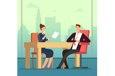 Employee woman and interviewer boss meeting at desk. Job interview and