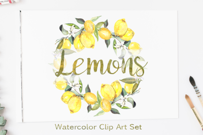 Watercolor Lemons Clip Art Set