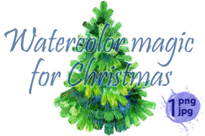 Watercolor green Christmas tree on white background