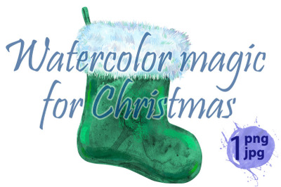 Christmas green sock with white fur. Watercolor illustration