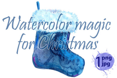 Christmas blue sock with white fur. Watercolor illustration.