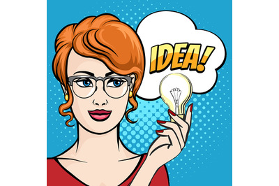 Woman Holds Light Bulb with Speech Bubble drawn in Pop Art Style. Vect