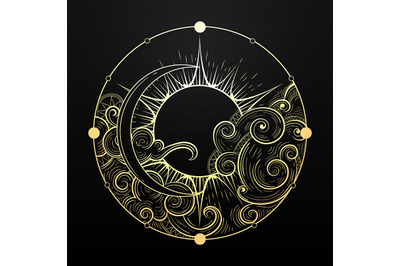 Hand Drawn Golden Sun and Moon with Cloud Esoteric Symbol. Vector illu