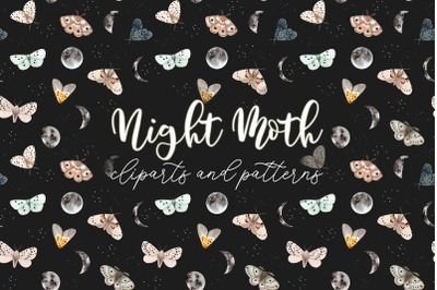 Night Moth. Watercolor Patterns and Clipart