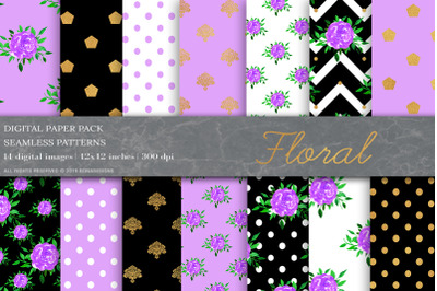 Purple Gold Digital Papers, Shabby Chic Digital Papers