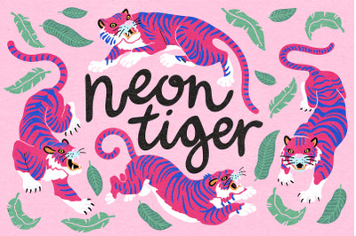 Neon tigers clipart and pattern