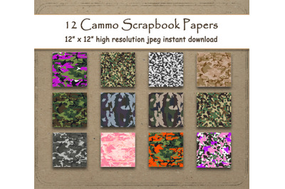 Camouflage Digital Paper 12&quot; x 12&quot; Cammo Texture scrapbook paper pages