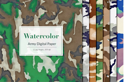 Watercolor Army Digital Paper, Camouflage Backgrounds