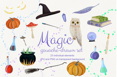 Magic. Gouache drawn set illustration