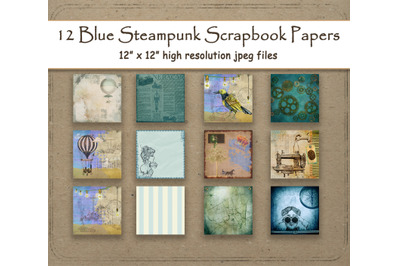 Steampunk Digital Paper 12&amp;quot; x 12&amp;quot; Blue antique scrapbook paper pages 1