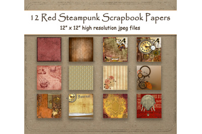 Steampunk Digital Paper 12&quot; x 12&quot; red scrapbook paper pages 12 printab