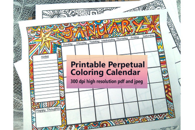 Printable Coloring Calendar, perpetual, 12 months, jpeg, pdf, instant