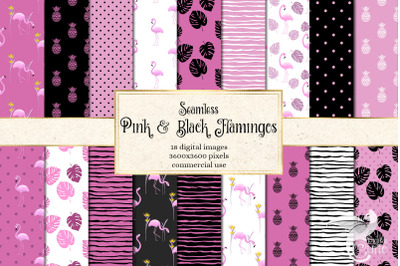 Pink and Black Flamingo Digital Paper