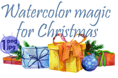 Watercolor Christmas Illustration with gift boxes. For design&2C; print o