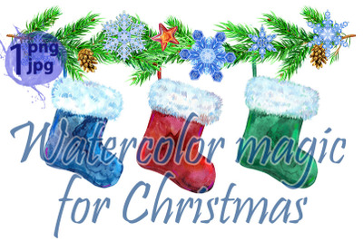 Christmas colorfull socks with white fur and spruce branches