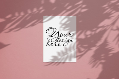 Blank mockup 5x7 with tropic palm shadow overlay coral background