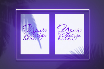 Mockup poster in a neon frame with a violet glow with tropical shadows
