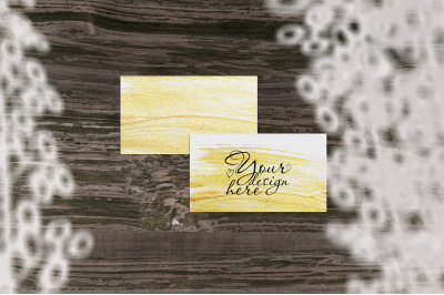 Business Card Mockup on Wood  background with curtains