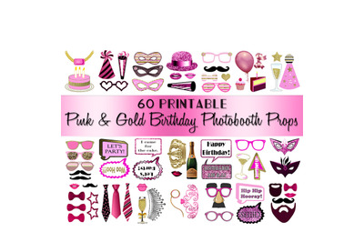 Birthday Photo Booth Props Pink and Gold Adult Classy Glitter Printabl