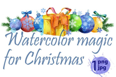 Watercolor Christmas tree border with gift for your creativity