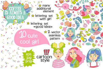 Set of 10 cute and cool girls. Sets of additional elements. Set of let