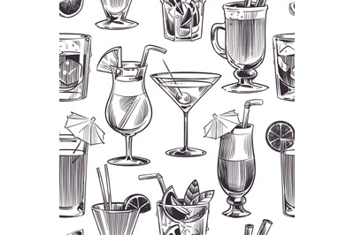 Cocktail seamless pattern. Hand drawn cocktails and alcohols drink wit