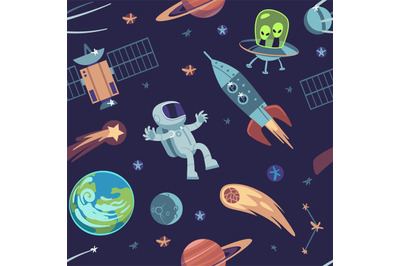 Cartoon space seamless background. Hand drawn galaxy pattern with spac