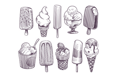 Sketch ice cream. Different bowls with ice cream, eskimo with chocolat