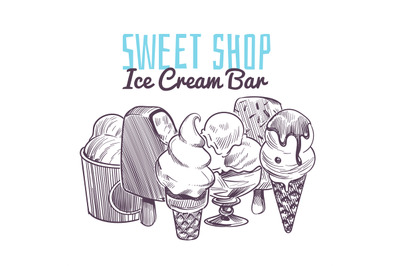 Ice cream sketch background. Hand drawn frozen creamy desserts, wafer