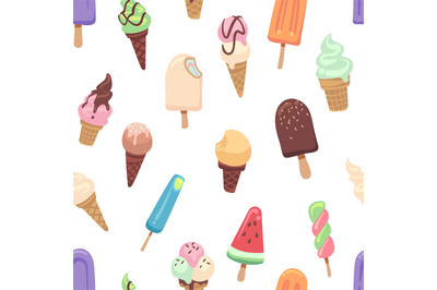 Ice cream pattern. Seamless print with frozen creamy desserts, waffles