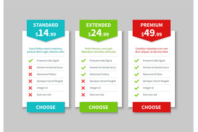 Comparison pricing list. Price plan table&2C; product prices comparative