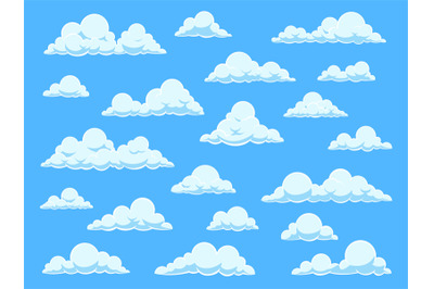 Cartoon sky clouds. Cloudscape in blue sky panorama&2C; different shapes