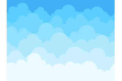 Cloud sky cartoon background. Blue sky with white clouds flat poster o