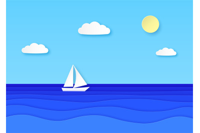 Paper boat floating sea. Cloudy sky with sun, sailboat with white sail