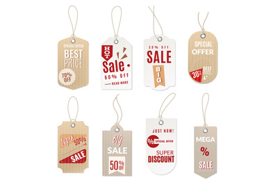 Realistic price tag. 3d sale paper hang and retail cutting cardboard l